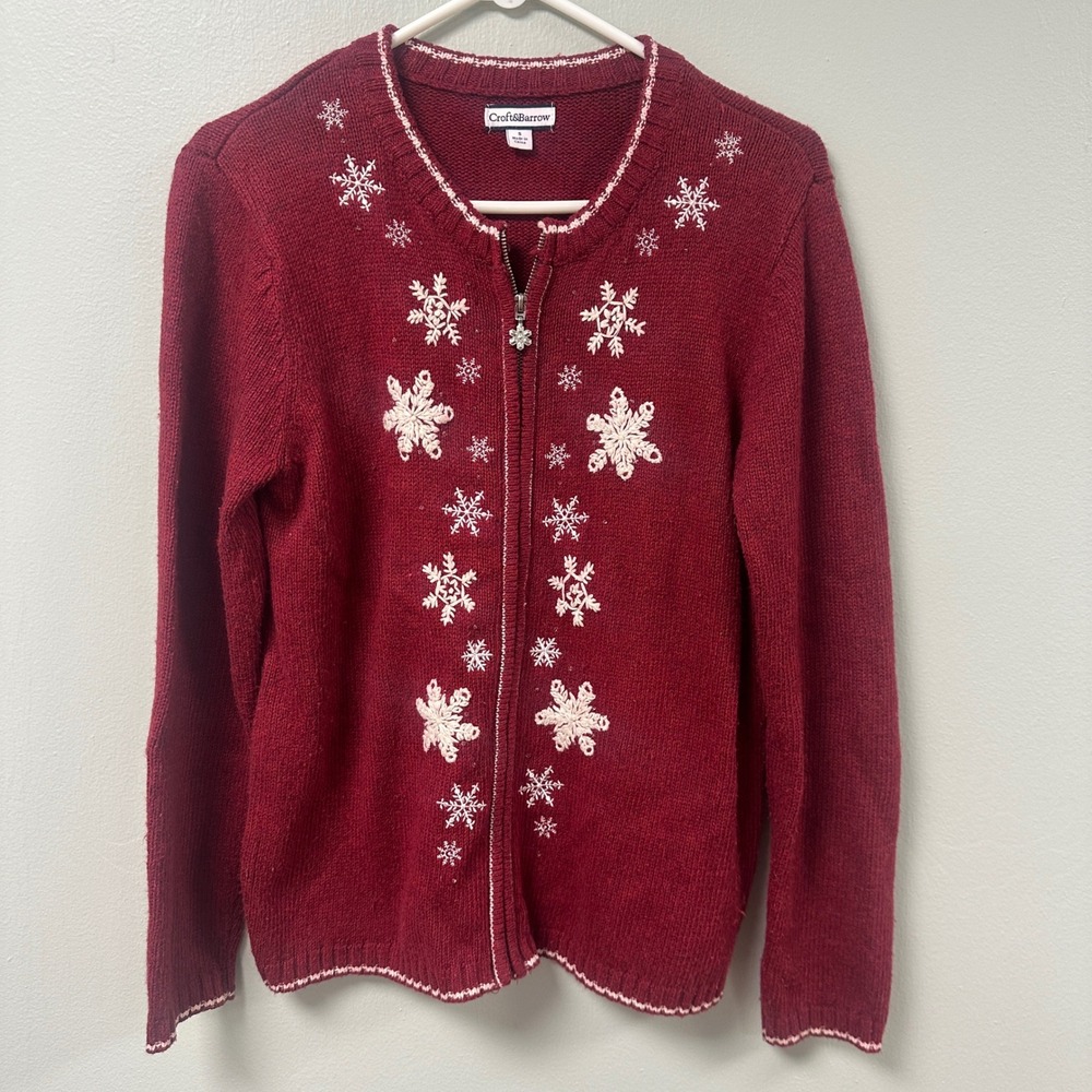 Croft & Barrow Womens Burgundy Snowflake Embroidered Zip Up Cardigan Sweater S